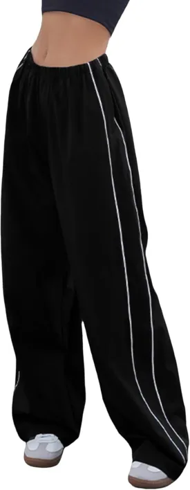 Women's Parachute Pants Baggy Track Y2K Black Elastic Waist Wide Leg Trousers