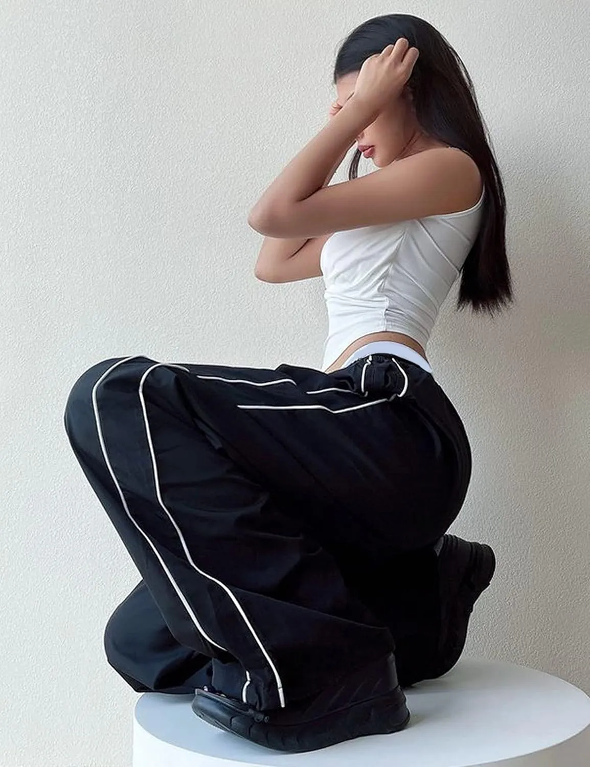 Women's Parachute Pants Baggy Track Y2K Black Elastic Waist Wide Leg Trousers