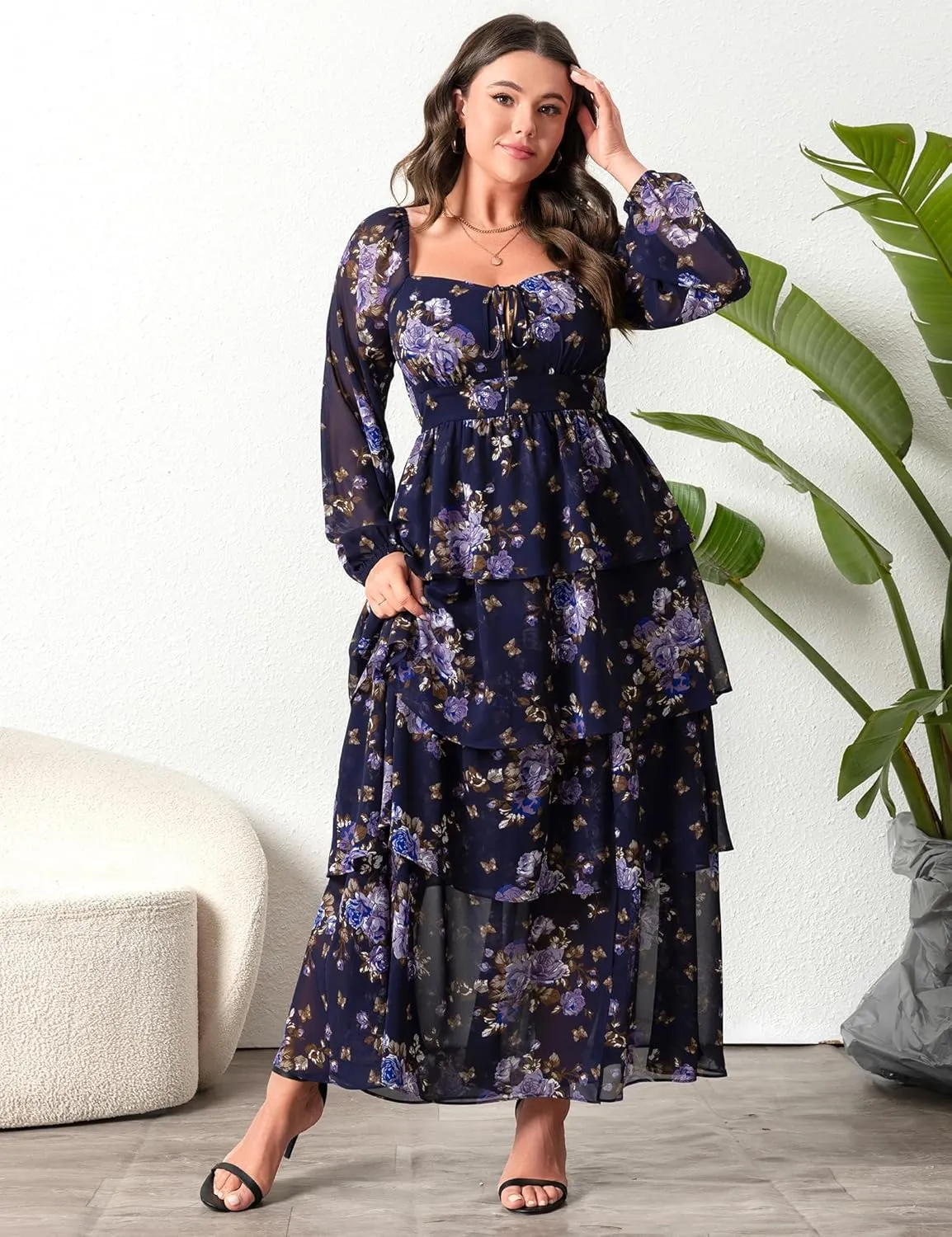Womens Plus Size Floral Tiered Ruffle Long Sleeve Evening Party Wedding Guest Dress