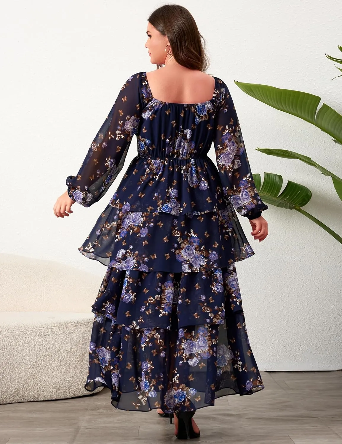 Womens Plus Size Floral Tiered Ruffle Long Sleeve Evening Party Wedding Guest Dress