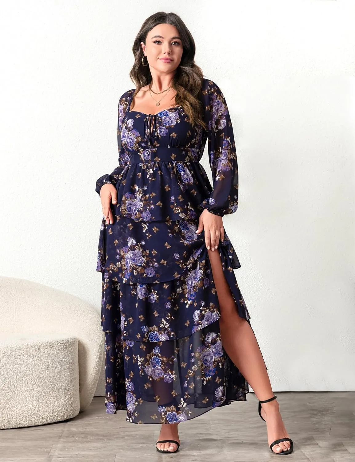 Womens Plus Size Floral Tiered Ruffle Long Sleeve Evening Party Wedding Guest Dress