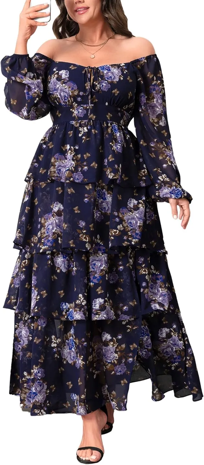 Womens Plus Size Floral Tiered Ruffle Long Sleeve Evening Party Wedding Guest Dress