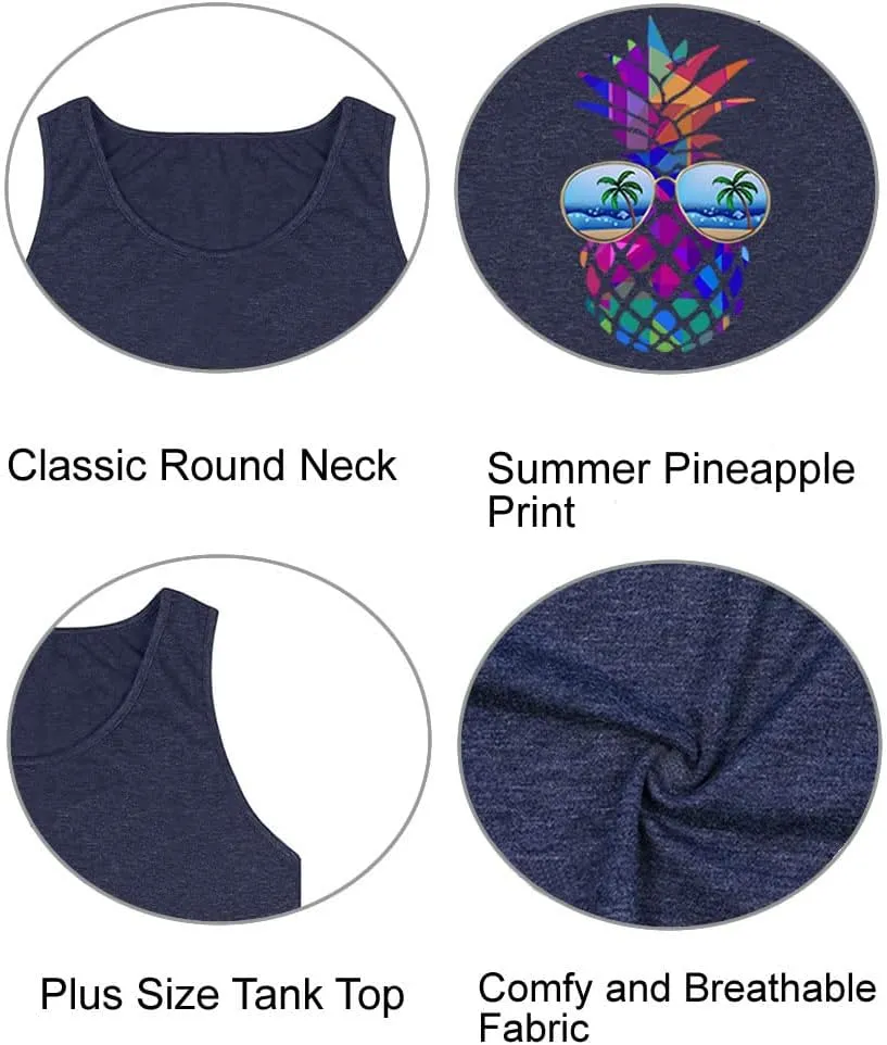 Women's Plus Size Summer Pineapple Sunglasses Tank Tops Hawaiian Graphic Printed Tees Sleeveless Vacation T Shirt Blouse Top