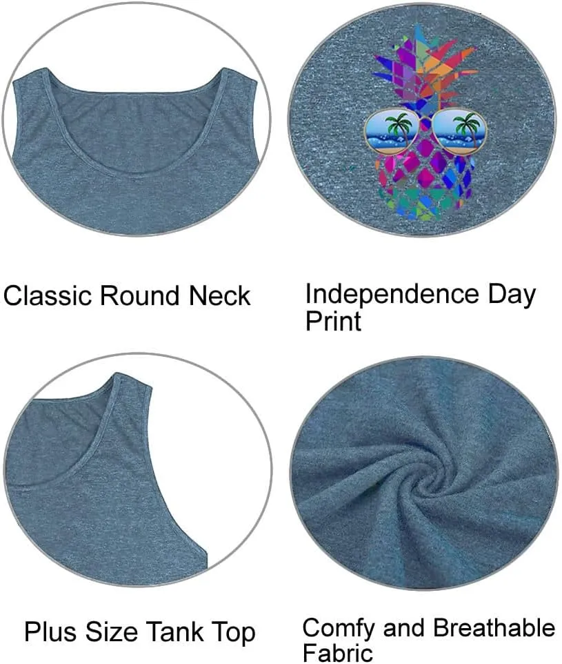 Women's Plus Size Summer Pineapple Sunglasses Tank Tops Hawaiian Graphic Printed Tees Sleeveless Vacation T Shirt Blouse Top