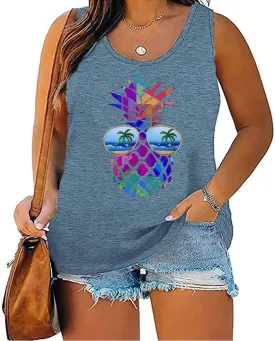 Women's Plus Size Summer Pineapple Sunglasses Tank Tops Hawaiian Graphic Printed Tees Sleeveless Vacation T Shirt Blouse Top