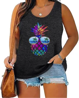 Women's Plus Size Summer Pineapple Sunglasses Tank Tops Hawaiian Graphic Printed Tees Sleeveless Vacation T Shirt Blouse Top
