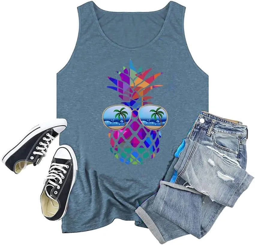 Women's Plus Size Summer Pineapple Sunglasses Tank Tops Hawaiian Graphic Printed Tees Sleeveless Vacation T Shirt Blouse Top