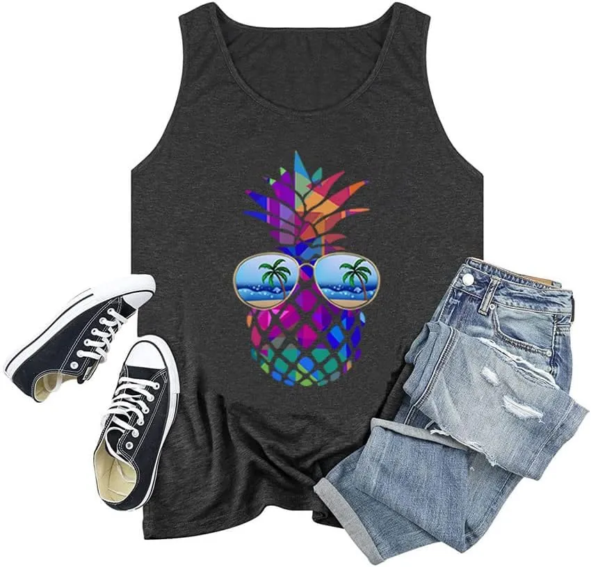 Women's Plus Size Summer Pineapple Sunglasses Tank Tops Hawaiian Graphic Printed Tees Sleeveless Vacation T Shirt Blouse Top