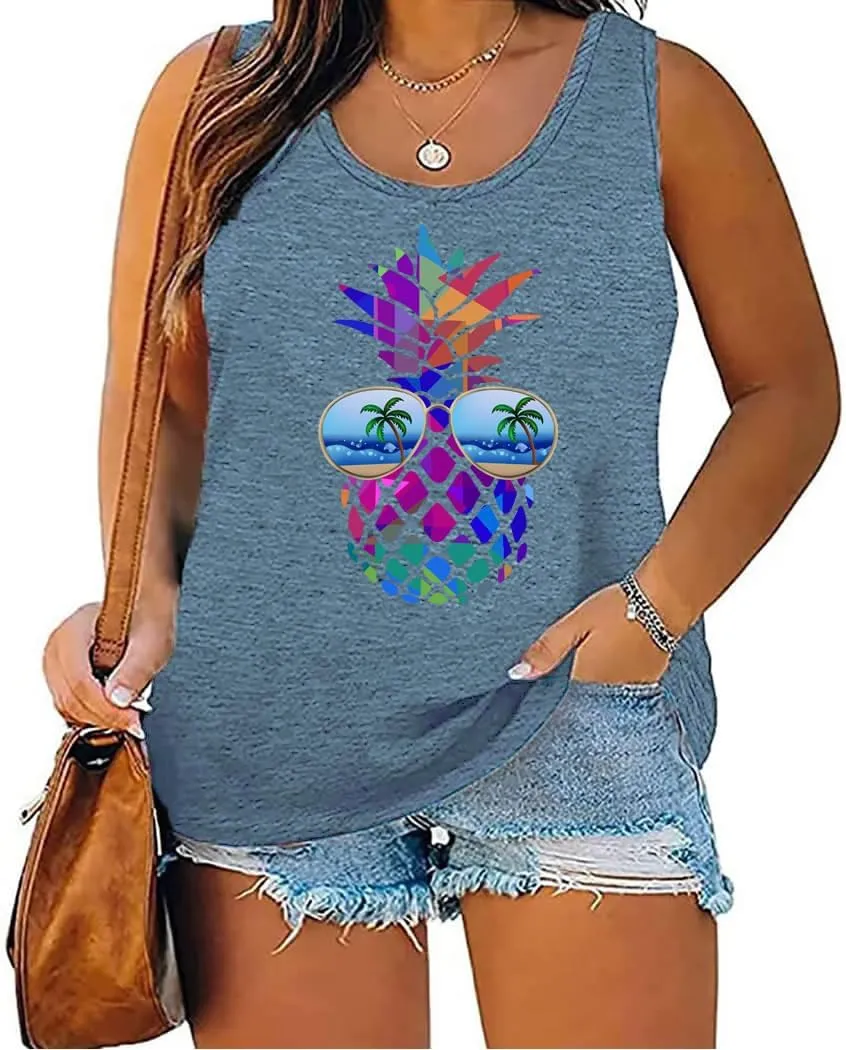 Women's Plus Size Summer Pineapple Sunglasses Tank Tops Hawaiian Graphic Printed Tees Sleeveless Vacation T Shirt Blouse Top