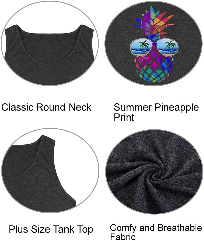 Women's Plus Size Summer Pineapple Sunglasses Tank Tops Hawaiian Graphic Printed Tees Sleeveless Vacation T Shirt Blouse Top