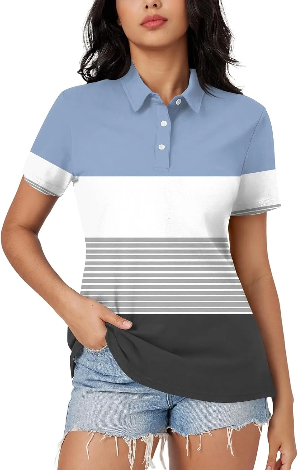 Women's Polo Shirts Short Sleeve Comfortable Breathable Wicking Shirt Solid Colour Stripe 3 Buttons Lapels Casual Tops
