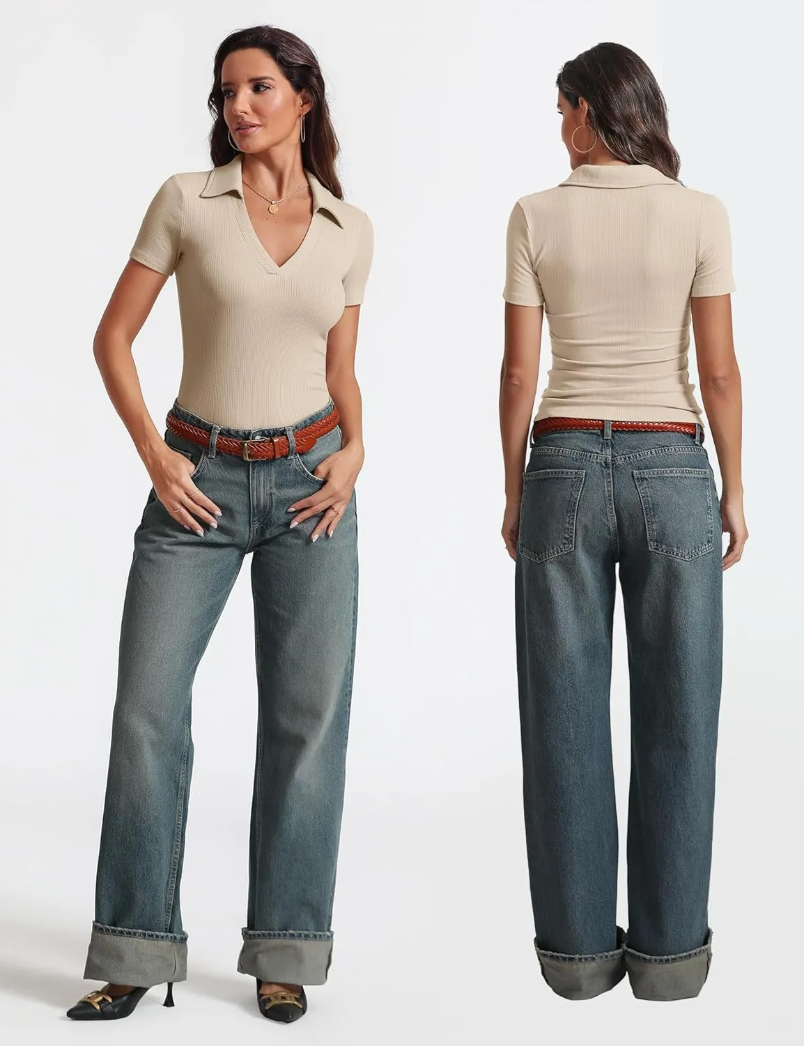 Womens Short Sleeve Business Casual Tops Summer V Neck Polo Work Shirts 2025 Fitted Basic Collared Shirt