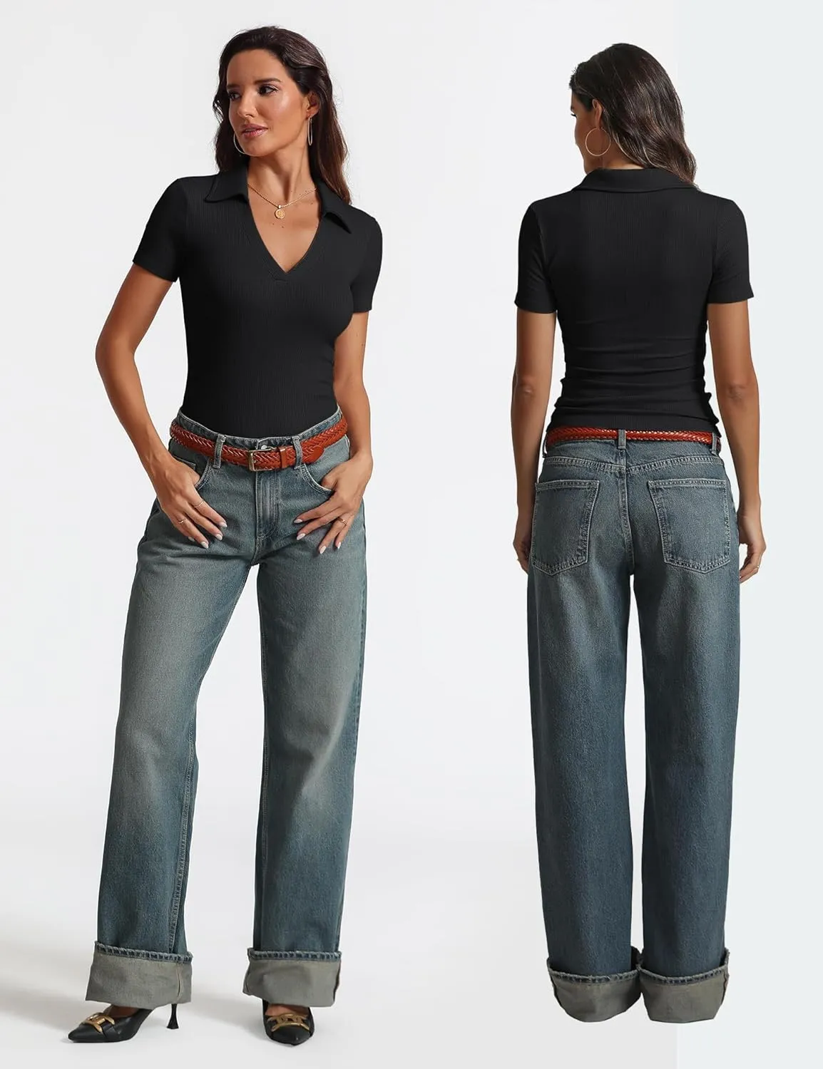 Womens Short Sleeve Business Casual Tops Summer V Neck Polo Work Shirts 2025 Fitted Basic Collared Shirt