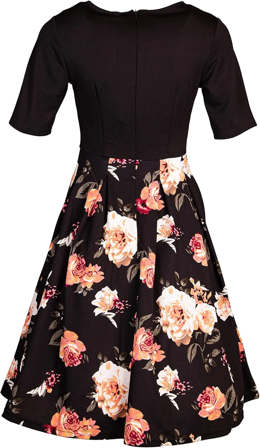 Women's Vintage Patchwork Pockets Puffy Swing Cocktail Work Party Dress