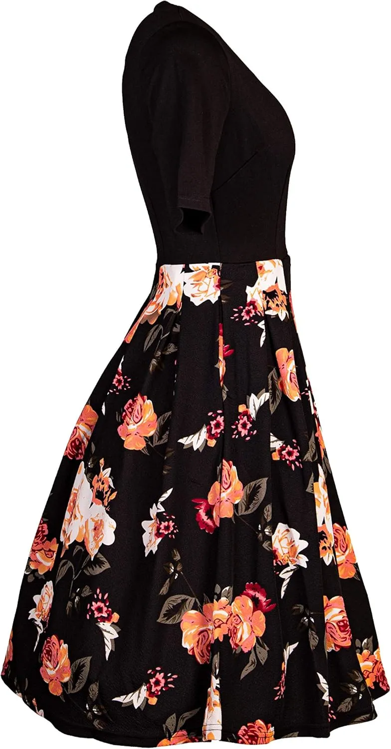 Women's Vintage Patchwork Pockets Puffy Swing Cocktail Work Party Dress