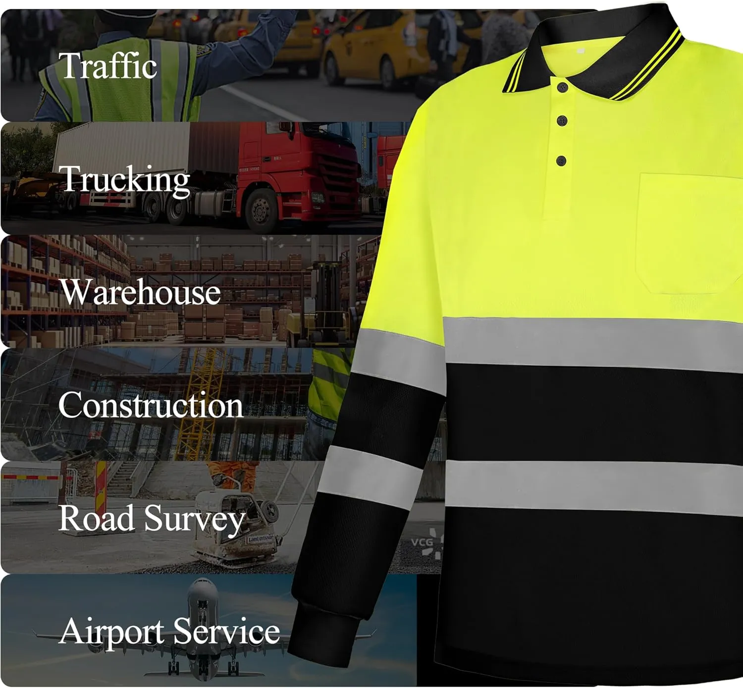 Z&Q LABOR Hi Vis Shirts Long Sleeve Reflective Polo Shirt Safety Work Shirt ANSI Class 2 for Construction Men and Women