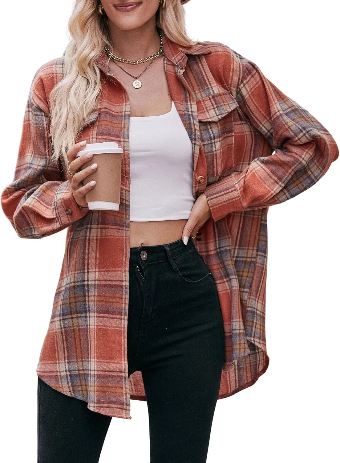 ZILIN Oversized Womens Flannel Plaid Shirts Long Sleeve Button Down Shirt Casual Work Tops