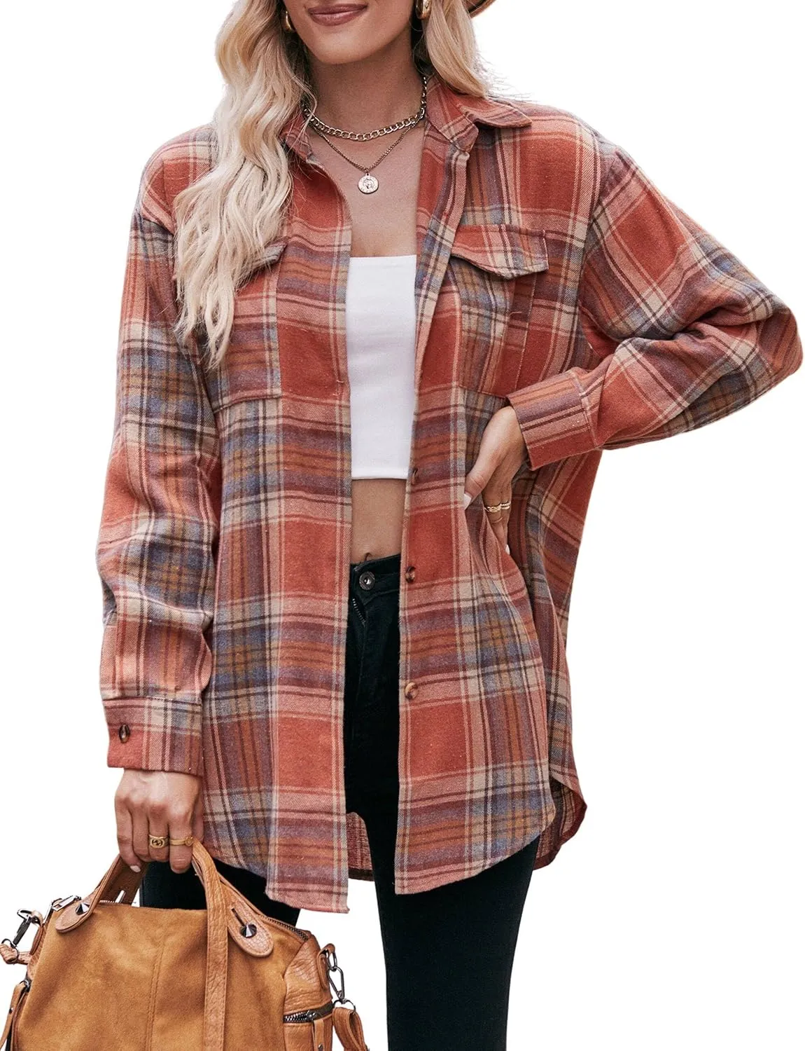 ZILIN Oversized Womens Flannel Plaid Shirts Long Sleeve Button Down Shirt Casual Work Tops