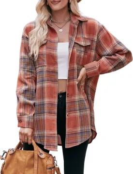 ZILIN Oversized Womens Flannel Plaid Shirts Long Sleeve Button Down Shirt Casual Work Tops