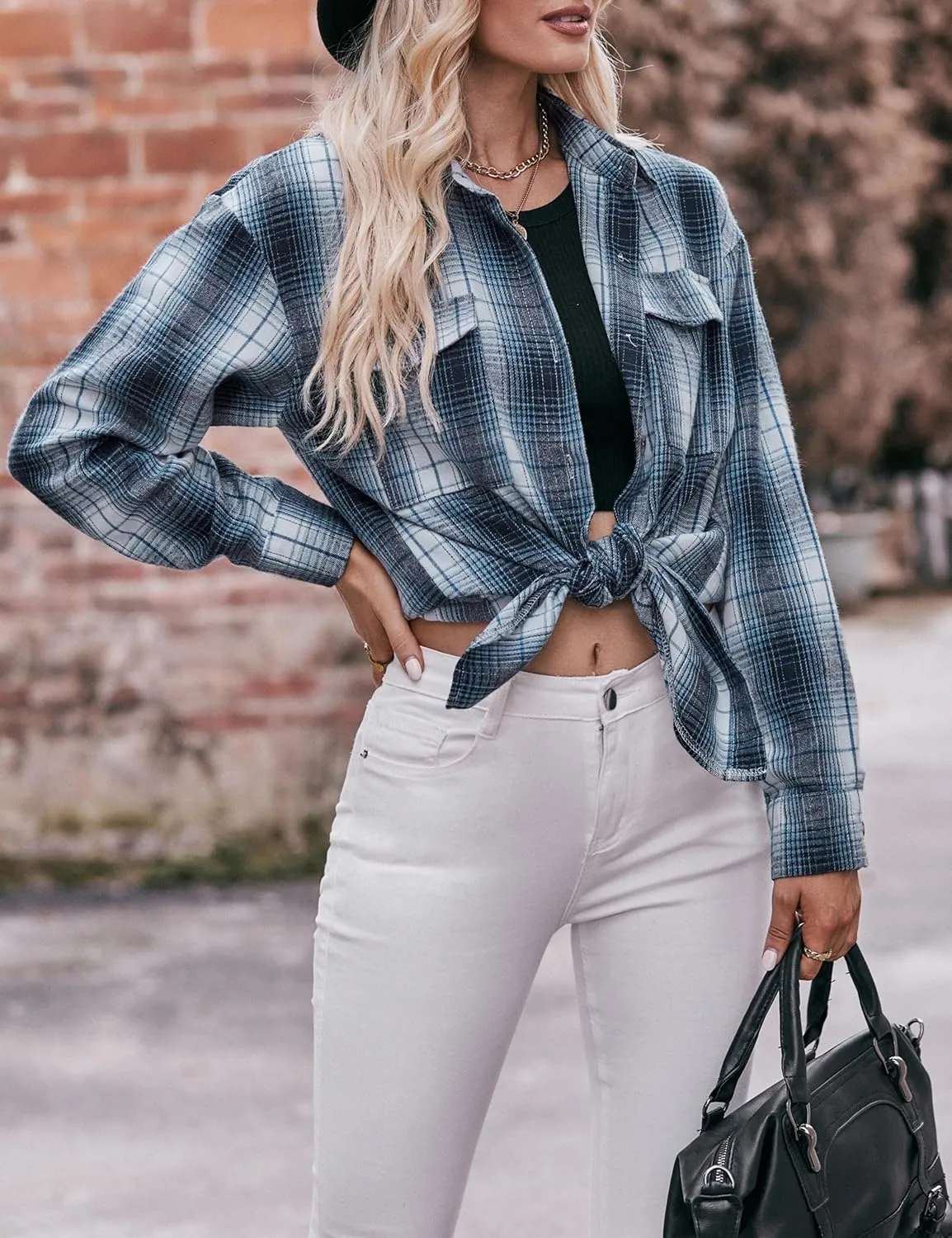 ZILIN Oversized Womens Flannel Plaid Shirts Long Sleeve Button Down Shirt Casual Work Tops