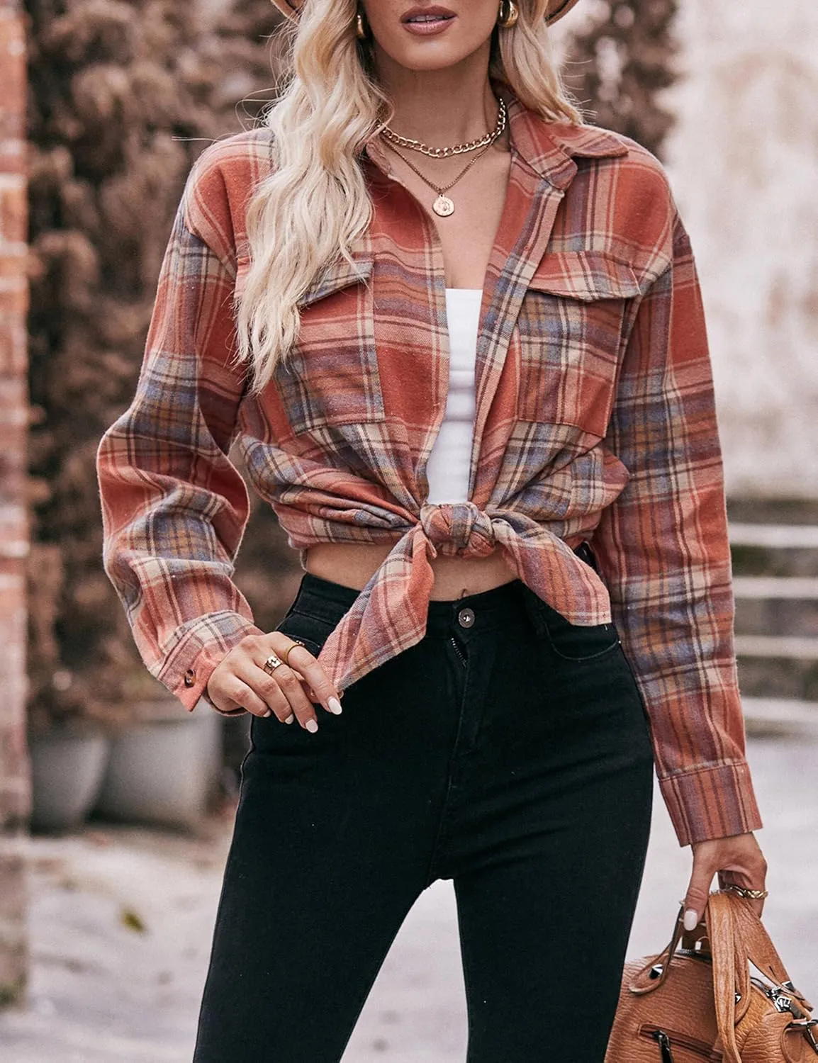ZILIN Oversized Womens Flannel Plaid Shirts Long Sleeve Button Down Shirt Casual Work Tops