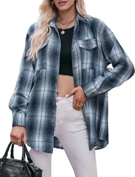 ZILIN Oversized Womens Flannel Plaid Shirts Long Sleeve Button Down Shirt Casual Work Tops