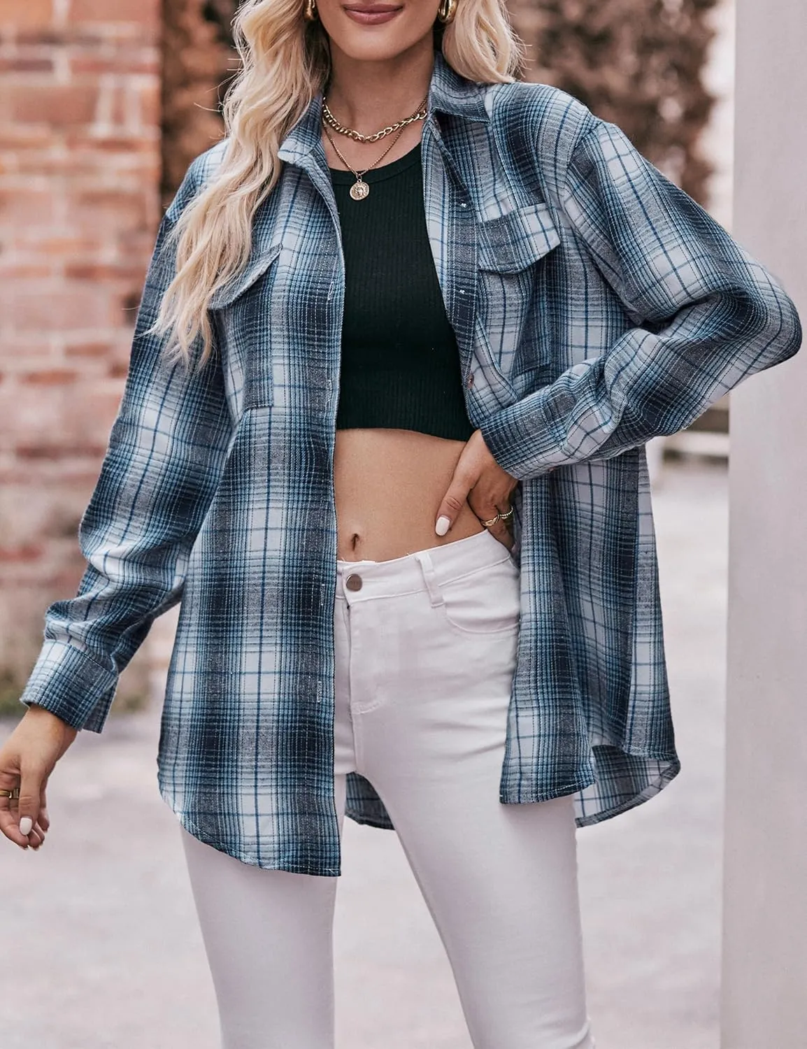 ZILIN Oversized Womens Flannel Plaid Shirts Long Sleeve Button Down Shirt Casual Work Tops