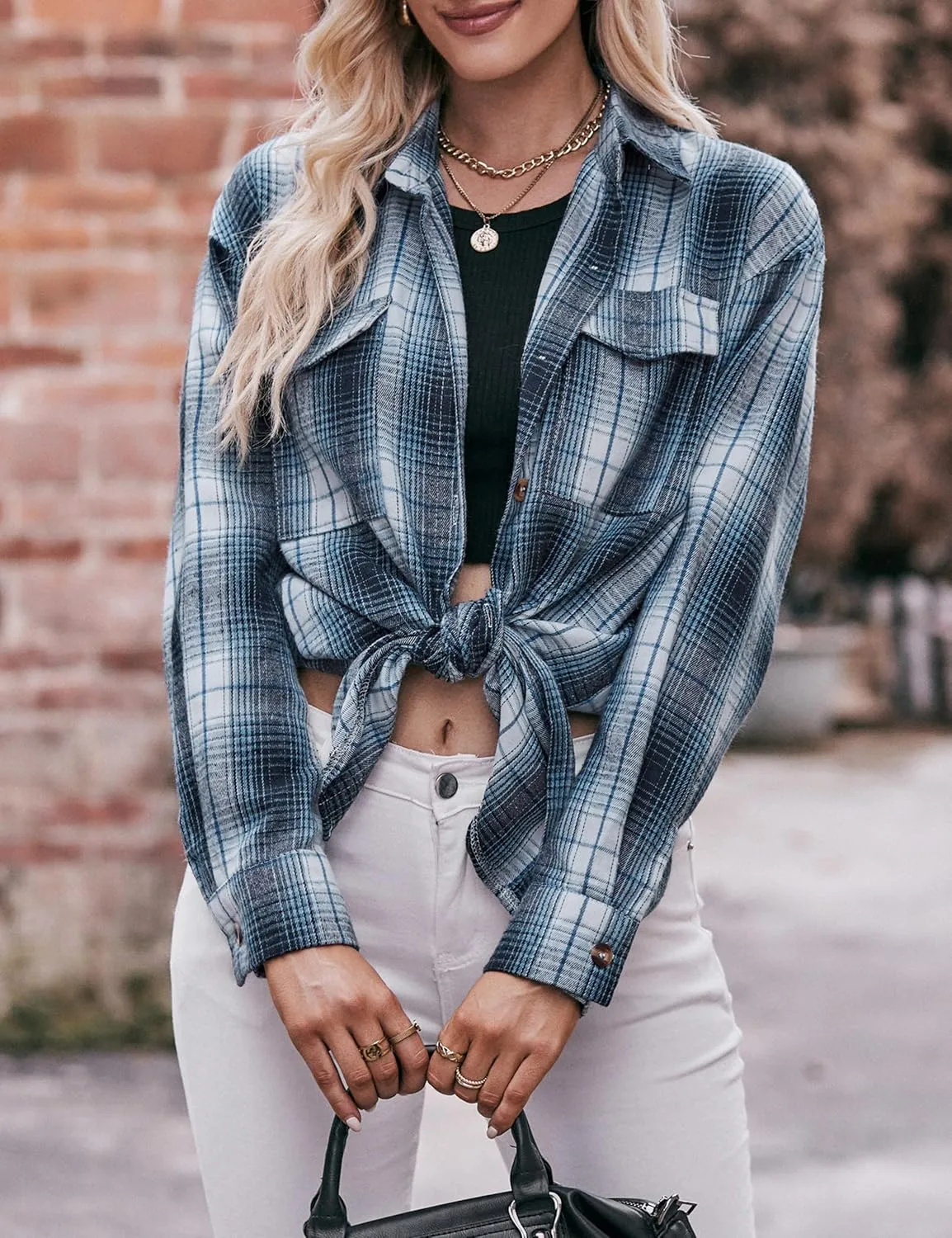 ZILIN Oversized Womens Flannel Plaid Shirts Long Sleeve Button Down Shirt Casual Work Tops