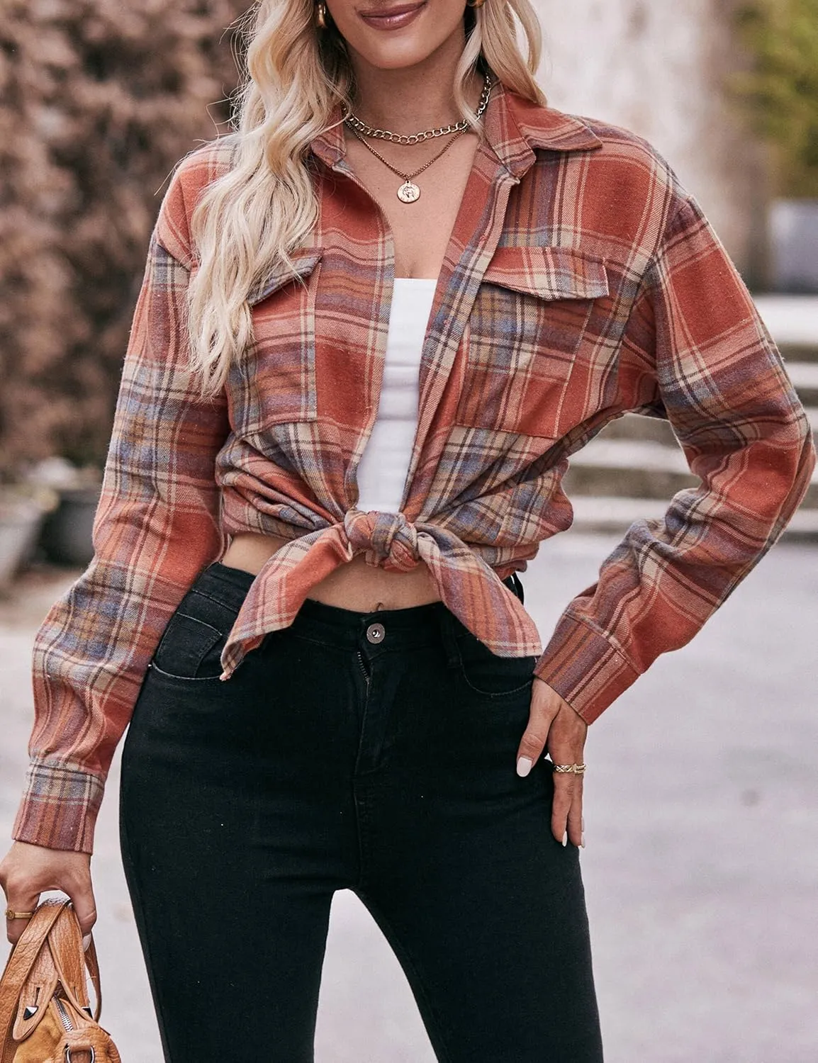 ZILIN Oversized Womens Flannel Plaid Shirts Long Sleeve Button Down Shirt Casual Work Tops