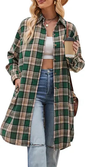 Zontroldy Women's Mid Long Casual Button Down Long Flannel Shirts Plaid Shacket Jacket with Pockets