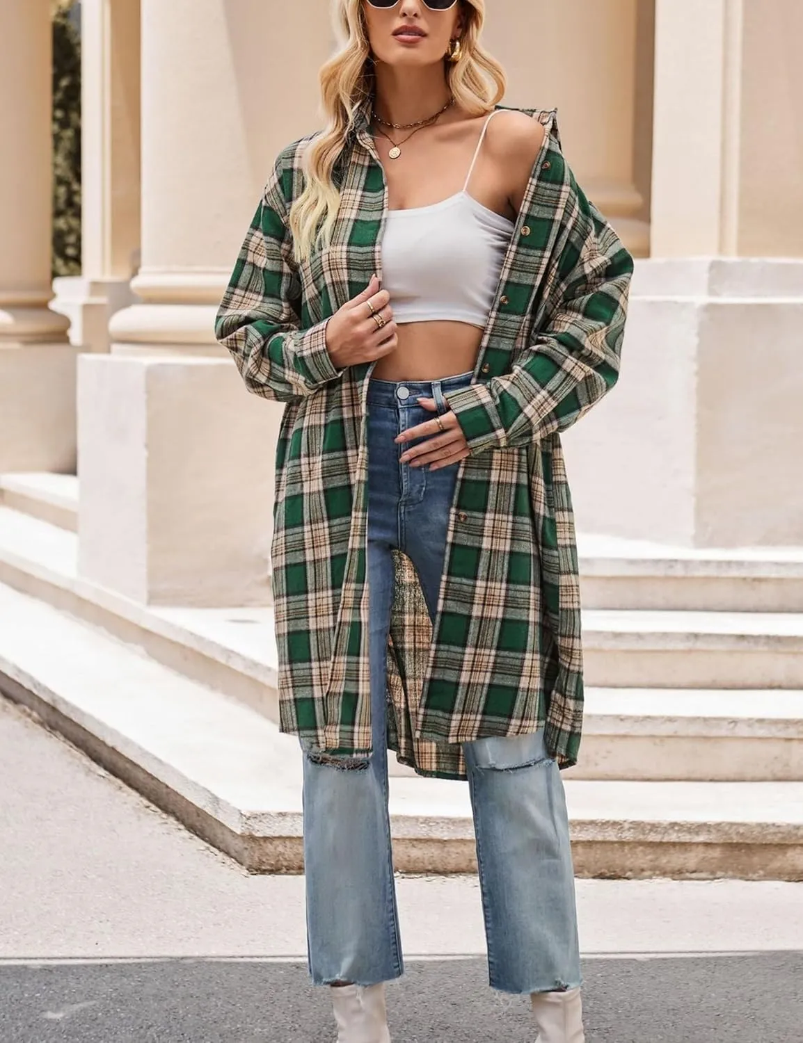 Zontroldy Women's Mid Long Casual Button Down Long Flannel Shirts Plaid Shacket Jacket with Pockets