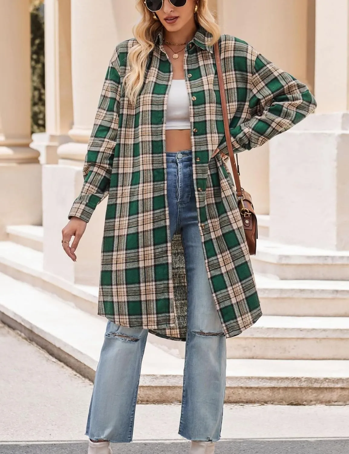 Zontroldy Women's Mid Long Casual Button Down Long Flannel Shirts Plaid Shacket Jacket with Pockets