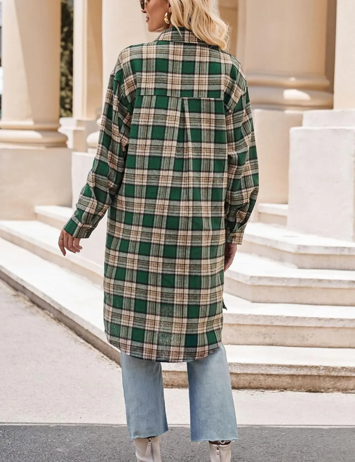 Zontroldy Women's Mid Long Casual Button Down Long Flannel Shirts Plaid Shacket Jacket with Pockets