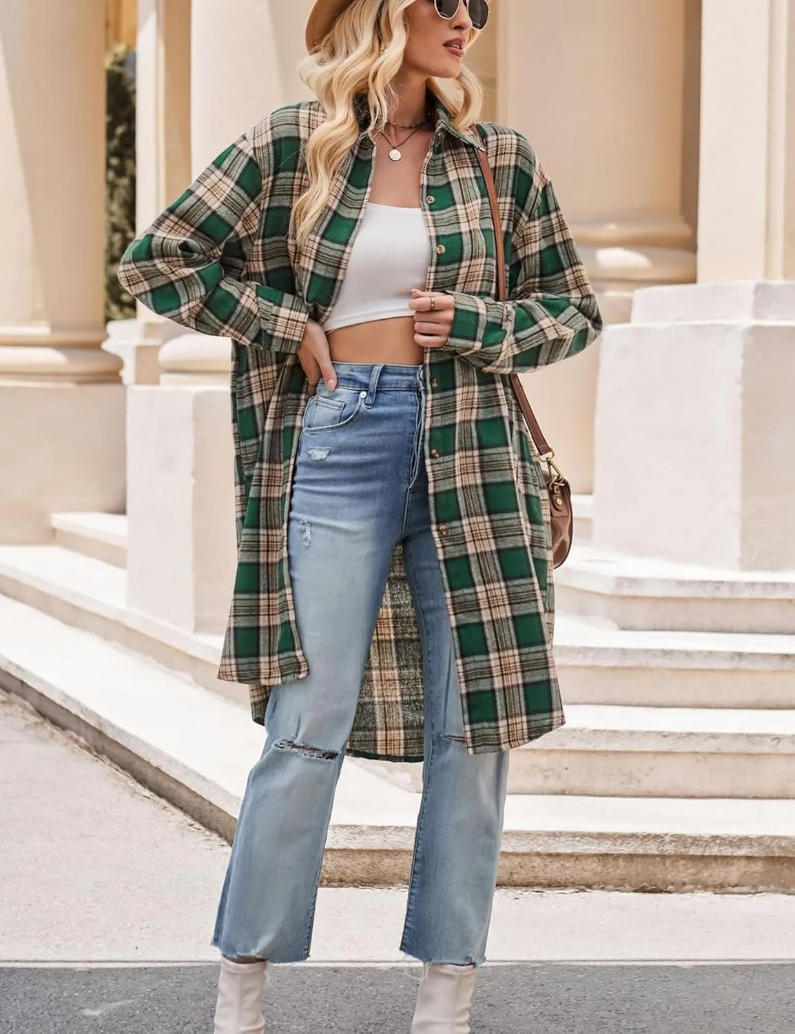 Zontroldy Women's Mid Long Casual Button Down Long Flannel Shirts Plaid Shacket Jacket with Pockets